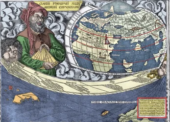Ptolemæus (Claudius Ptolemæus 90-168) - Claudius Ptolemæus på "" Waldseemuller-kort eller Universal Cosmographia - (Universal Cosmography) - Waldseemuller Planisphere" - 1507 -