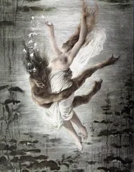 Marinemonster, der bortfører en ung kvinde (detalje fra 14299), "" Allegorien"", Martin Gerlach, ca. 1900.