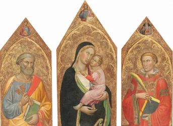 Madonna og barn med velsignelsen Kristus og de hellige Peter, James Major, Anthony Abbott og en diakonhelgen [hele triptykon]