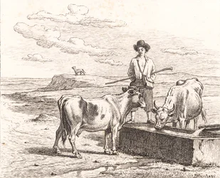 En hyrdedreng ved et vandingstrug. Illustration til Chr. Winther "Femogtyve Billeder for små Børn"