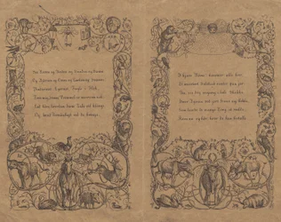 To omslag med slynget lænkeronament med dyr til "Halvhundrede Fabler for Børn" med skrift