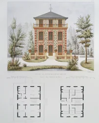 Projekt til et lille landsted nær Paris, graveret af Walter, plade 18 fra Architecture Pittoresque et Moderne