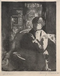 Strikke i biblioteket, ca. 1881.