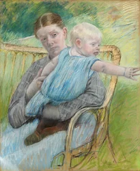 Mathilde holder en baby, der rækker ud til højre, ca. 1889