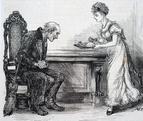 En kvinde, der giver overfartens fejemaskine en varm middag. Af Mary Ellen Edwards (1838-1934), en engelsk kunstner