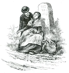 En nødlidende, ugift mor fundet udmattet på vej til Workhouse med sin baby. Scene, der minder om en Thomas Hardy-roman, men en ikke ualmindelig i landdistrikter i hele landet. Illustration af Mary Ellen Edwards c1881.