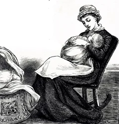 En gravering, der forestiller en mor, der vugger sin baby. Illustreret Mary Ellen Edwards (1838-1934), en engelsk kunstner og produktiv illustrator af børnebøger