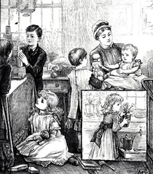 En gravering, der viser en regulær scene af en velhavende victoriansk familie. På hovedbilledet bliver børnene overvåget af deres børnepige, mens de leger med byggesten. Indsatsbilledet viser en lille pige placerer en potteplante på en vindueskarm. jeg