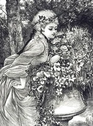 En gravering, der forestiller en ung pige, der lugter blomster, anbragt i en haveurne. Illustreret af Mary Ellen Edwards (1838-1934), en engelsk kunstner og illustrator af børnebøger