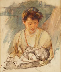 Mor Rose ser ned på sin sovende baby, ca. 1900