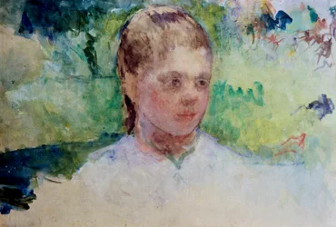 Ung piges hoved. Grøn baggrund. Maleri af Mary Cassatt (1845-1926). Akvarel.