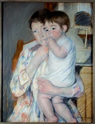 Kvinde og barn foran en tablet, hvor en marmelade og en skål er placeret. Maleri af Mary Cassatt (1844-1926) Ec. Er