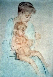 Kvinde med et lille nøgent barn på skødet, mens hun ordner dets fingernegle, omkring 1904. Mary Cassatt (1844-1926), amerikansk maler og grafiker, som fra 1866 hovedsageligt boede i Frankrig. Hjemlighed, mor, barn