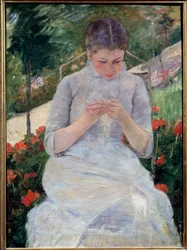 Ung pige i haven, siger også "" Kvinde syr i en have"". Maleri af Mary Cassatt (1844-1926), omkring 1880-1882. Olie på lærred. Mål: 92x63 cm. Orsay Museum