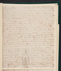 Elizabeth Gwillim ved sit skrivebord, skitse i et brev til Hester James, 7. februar 1802 (blæk på papir)