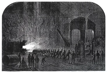 Valsning af panserplader til Hendes Majestæts skibe på Atlas-stålværkerne i Sheffield, illustration fra »The Illustrated London News«, 14. september 1861