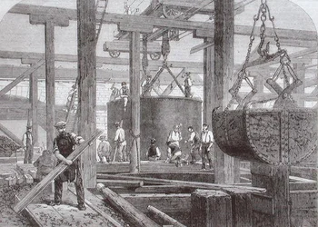 Udsigt over byggearbejde, der finder sted ved Blackfriars Bridge for London, Chatham og Dover Railway, der viser synkningen af en cylinder til en af de cirkulære stenmoler