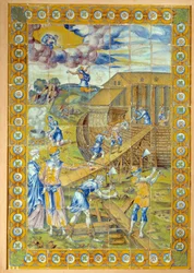 Konstruktionen af Noes Ark. Venstre panel af triptykonen repræsenterer 3 episoder af syndfloden. Keramik af Masseot Abaquesne (kendt omkring 1526-før 1564)