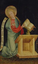 Jomfru af Bebudelsen, fra Høsthøsteralteret, ca. 1410 (tempera på eg) (se også 145253 og 145254)