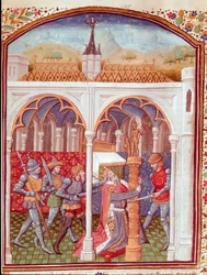Mordet på en konge. Miniature fra „Cases of noble men and women unfortunes“ (De casibus) af Giovanni Boccaccio, kaldet Jean Boccaccio (1313-1375), italiensk forfatter, oversat af Laurent de Premierfait og illumineret af Mesteren fra Dunois (15. århundrede