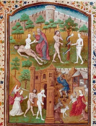 Evas fødsel af Adams side, Adam og Eva plukker den forbudte frugt og bliver derefter fordrevet fra Paradis. Miniature taget fra „Ædle mænds og kvinders ulykkelige skæbner“ (De casibus) af Giovanni Boccaccio, kaldet Jean Boccace (1313-1375), italiensk
