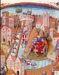 Erobring af en befæstet by Detalje. Miniature taget fra "" De uheldige ædle mænds og kvinders sager"" (De casibus) af Giovanni Boccaccio sagde Jean Boccace (1313-1375), italiensk forfatter, oversat af Laurent de Premierfait og oplyst af masten
