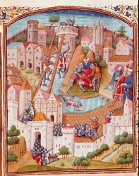 Erobring af en befæstet by Miniature taget fra "" Cases of noble men and women misfortunes"" (De casibus) af Giovanni Boccaccio sagde Jean Boccace (1313-1375), italiensk forfatter, oversat af Laurent de Premierfait og oplyst af mesteren af ​​Dunois (15