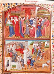 Prolog: Forfatteren præsenterer sin bog til hertugen af Berry og scene for massakre på plove Miniature taget fra "" Cases of noble men and women unfortunes"" (De casibus) af Giovanni Boccaccio dit Jean Boccace (1313-1375), italiensk forfatter , oversat af 