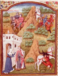 Seleukos I Nikator og hans far Antiochos, konge af Asien og Syrien. En af de to konger bliver myrdet, hesten falder. Miniature fra „Des cas des nobles hommes et femmes infortunes“ (De casibus) af Giovanni Boccaccio, kaldet Jean Bo
