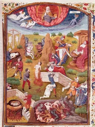 Vision of Boccace: scene for tortur, hængning, massakre Miniature taget fra "" Cases of noble men and women unfortunes"" (De casibus) af Giovanni Boccaccio dit Jean Boccace (1313-1375), italiensk forfatter, oversat af Laurent de Premierfait og enlumine af 