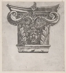 Mirror of Roman Magnificence: Kapital med peapod-ruller og satyrhoved, ca. 1537., ca. 1537