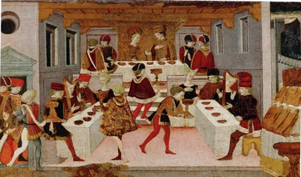 Datteren af sultanen af Babylon ved et festmåltid (tempera på træ)