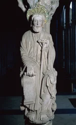 Detalje af Portico de la Gloria forestillende St James, sten fra det 12. århundrede
