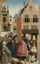 De syv barmhjertighedsværker Panel af en polyptykon med de syv barmhjertighedsværker: de rejsendes logi