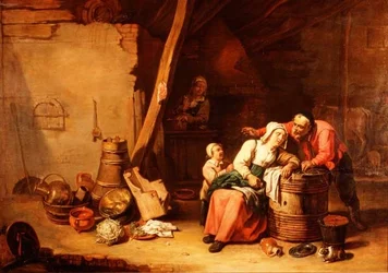 En lade med en bonde, der vækker en gammel dame