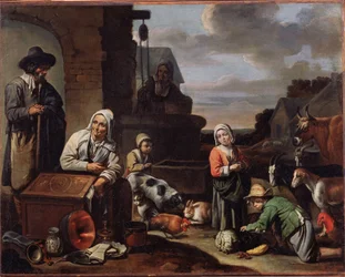 Bønder ved en brønd. Maleri af mesteren af ​​Beguines (midten af ​​1600-tallet). Olie på lærred, 94 x 119 cm, anden halvdel af 1600-tallet. Fransk kunst, barokkunst. Pushkin Museum of Fine Arts, Moskva. ©FineArtImage/Leemage