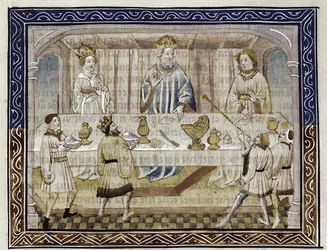 Cæsar Augustus, hans kone og søn ved bordet Fra: Jean Hayton, Blomst af historier fra Orientens land, ca. 1410