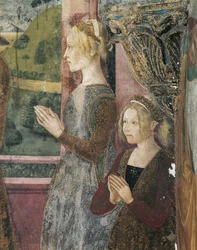 Italien, Piemonte-regionen, Alessandria-provinsen, Serralunga di Crea, Sacro Monte di Crea, Sanctuary of Santa Maria Assunta, St. Margaret-kapellet af Antiochia, Fresco forestillende Paleologo og Bernarda di Bosse