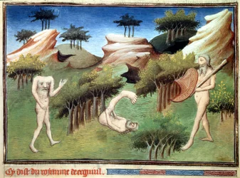 Monstre fra merkiterne land beskrevet af Marco Polo. Miniature fra "Vidundernes Bog" ("Beskrivelsen af verden", "Il Milione") af Marco Polo (1254-1324), illustreret af Mesteren fra Egerton