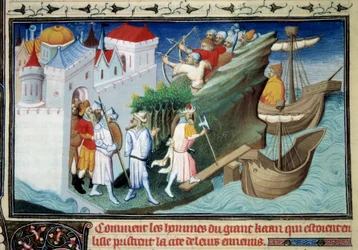 Den Store Khan mod japanerne eller "Hvordan mændene fra den Store Khan, der omringede øen, indtog deres fjenders by." Miniature taget fra "" The Book of Wonders""" af Marco Polo (1254-1324). Oplyst af Master of Egerton