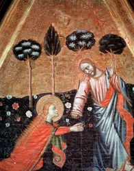Noli me tangere (Ne me pas touche) Detail du triptych de saint Vincent de Estopinan del castillo (Triptych of St Vincent of Estopinan del castillo) Painting du maitre de Estopanya (Maleri af mesteren af ​​Estopinan) 1350-1370 Barcelona, ​​​​Museu National 
