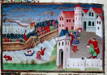 Kampscene og halshugning. Illustration af romanen "The Decameron"" af Giovanni Boccaccio (Jean Boccace