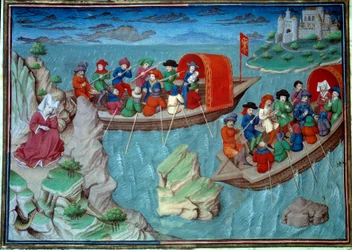 Frederic II (1194-1250) fra Det Hellige Rige forlod Sicilien med sin Miniaturesuite taget fra et manuskript på fransk fra "Decameron"" af Giovanni Boccaccio dit Jean Boccaccio (1313-1375), italiensk forfatter, oplyst af Mesteren af Mansel. 1450. Par