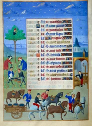 Vindruehøst- og transportside med oplyst manuskript fra "Book of Hours of the Duchess of Burgundy, Adelaide of Savoy" af Mesteren af Adelaide af Savoyen (1400-tallet) og Mesteren af Jean Rolin (1400-tallet)