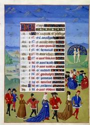 maj: hofmændene går. Belyst manuskriptside hentet fra "" Book of Hours of the Duchess of Burgundy, Adelaide of Savoy" af Mesteren af Adelaide af Savoyen (1400-tallet) og Mesteren af Jean Rolin (1400-tallet)