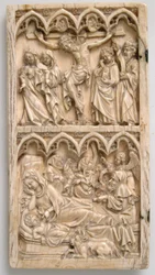 Blad fra en Diptykon med korsfæstelse og fødsel, tysk, ca. 1375-1400.