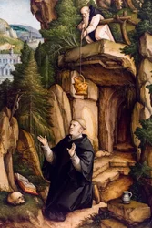 Sankt Benedikt som bedende eremit, ca. 1540 (Tempera og olie på træ (lindetræ))