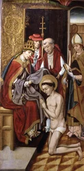 St. Francis investerede med sin vane af pave Innocentius III (olie på panel)