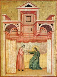 Cecilia overtaler sin mand Baldrian til dåb, detalje fra altertavlen forestillende legenden om helgen Cecilia, ca. 1304, af Mester af Saint Cecilia (aktiv tidligt i det 14. århundrede), tempera på panel og bladguld stemplet, 85x181 cm