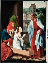 Episode af Saint John evangelists liv: "" The resurrection of Drusiana"" (Life of St John evangelist, the resurrection of Drusiana) Maleri af mesteren af San Giovanni evangelista (Saint John Evangelist) (slutningen af det 15. århundrede) Dim 120x90 cm gene